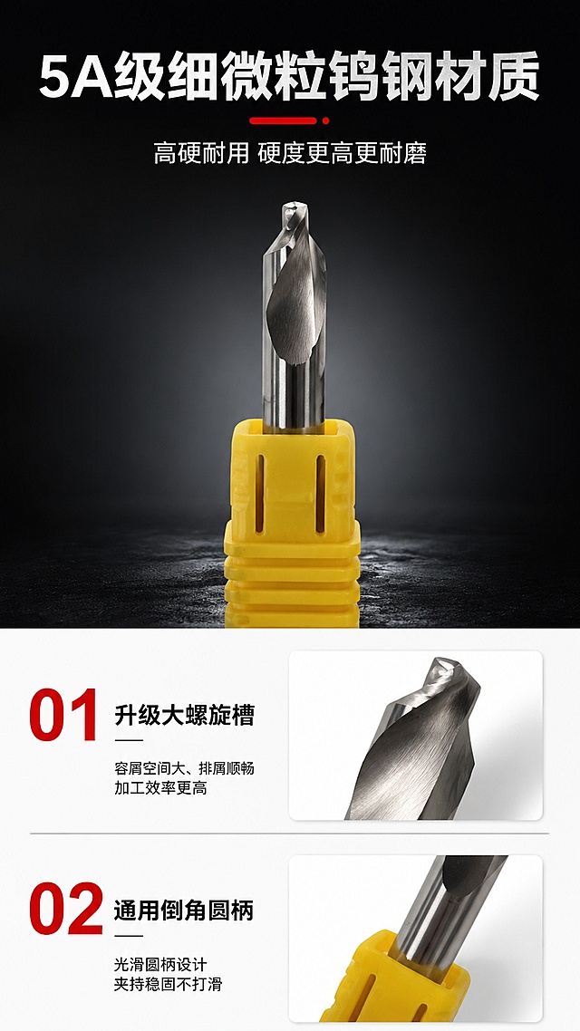 材质工艺解析详情页。本屏使用【图1】https://gdesign-dam-hz.dancf.com/37073477074538581/02b4985158d24c8f9ad4c899167fddae.jpg 作为商品主体，参考模板【图2】https://gdesign-dam-hz.dancf.com/37073562313677939/dc208f823dcc4d549c2d2c0318df76a4.png 版式结构，固定尺寸790*1440。
[氛围风格] 工业简约上下分区，上深下浅，突出产品刀刃细节金属质感。
[布局要求] 完全复用模板版式：顶部大标题保持「5A级细微粒钨钢材质」，副标题「高硬耐用 硬度更高更耐磨」，上半区替换为当前产品的刀刃细节特写，保留原产品外观和黄色刀套，下半区两个卖点讲解（1.升级大螺旋槽、2.通用倒角圆柄），文字内容和排版完全沿用模板，仅将产品细节替换为当前产品，保证细节位置完全对齐。
[光影质感] 上半区深色背景对比清晰，突出刀刃纹理与金属质感，下半区白色背景文字易读。
[配色色系] 上黑下白，配红黑文字，和模板配色完全一致。
[比例分辨率] 精确790*1440，9:16，4K，细节和文字清晰。
[负向提示] 产品变形，改变刀套颜色，排版错乱，文字模糊，水印