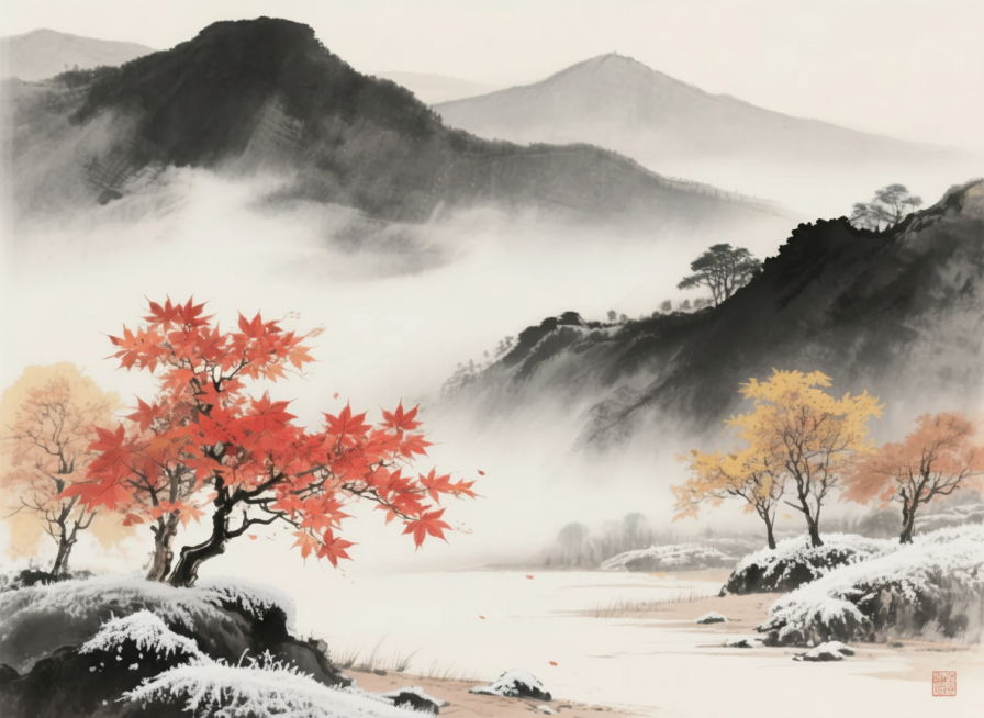 中国传统水墨画风格，霜降节气，远山如黛，近景几株枫树，枫叶经霜染红，似火焰般点缀山间，地面覆着薄薄白霜，留白处似云雾缭绕，墨色、赭石、淡黄交织，营造静谧诗意的东方美学氛围，“霜叶红于二月花”预览效果