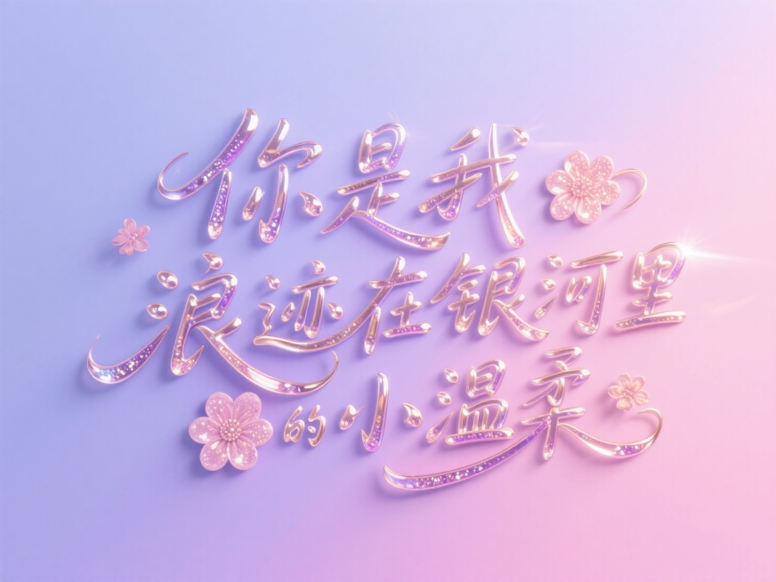 文字"你是我浪迹在银河里的小温柔"，线条流畅，手写，液态流沙金属艺术字。创意字体设计点缀花朵元素。浅紫色和粉色渐变背景，浪漫七夕氛围。预览效果