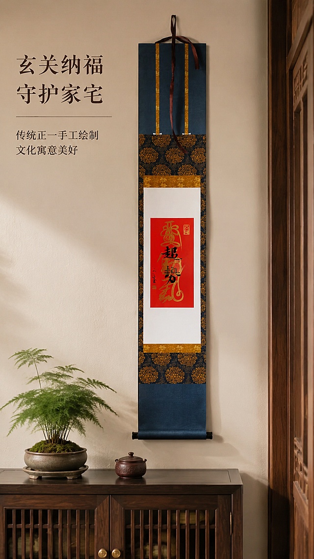 「图片1」，生成详情页，商品名称为：不二先生手绘正一卷轴挂画，适配拼多多平台，单图比例为9:16，需求屏数为8张。尺寸：110x17cm.画芯尺寸：11x26cm.以传统文化·道家文化为元素设计背景。