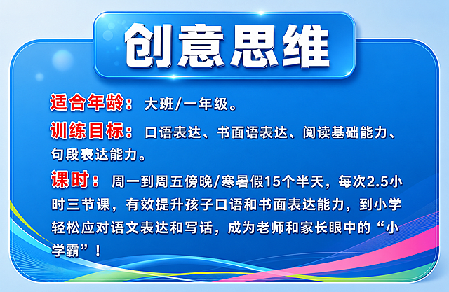 根据原图片内容和排版，重新生成一张时尚风格的蓝色平面图，保留全部文字内容：标题“创意思维”，正文：适合年龄：大班/一年级。训练目标：口语表达、书面语表达、阅读基础能力、句段表达能力。课时：周一到周五傍晚/寒暑假15个半天，每次2.5小时三节课，有效提升孩子口语和书面表达能力，到小学轻松应对语文表达和写话，成为老师和家长眼中的“小学霸”！整体为蓝色调，风格干净时尚