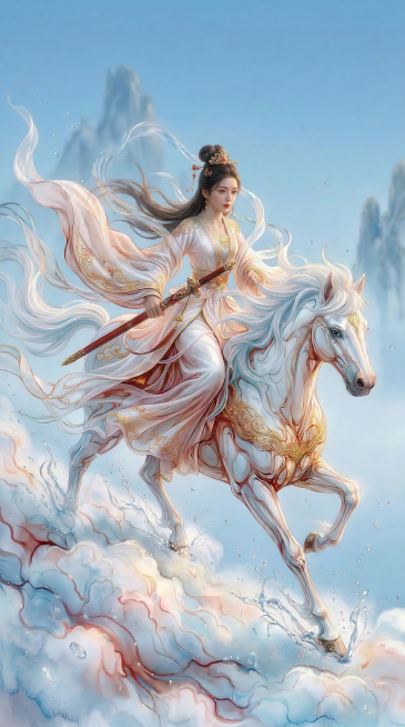 将画面中的人物替换为现实中的20岁东方女性，保留原有的服饰、发冠、动作和持剑姿态，人物面部为真实人像质感，皮肤细腻自然，保留朱红色唇妆，整体保持超写实数字艺术风格，马匹、场景和流体特效完全不变预览效果