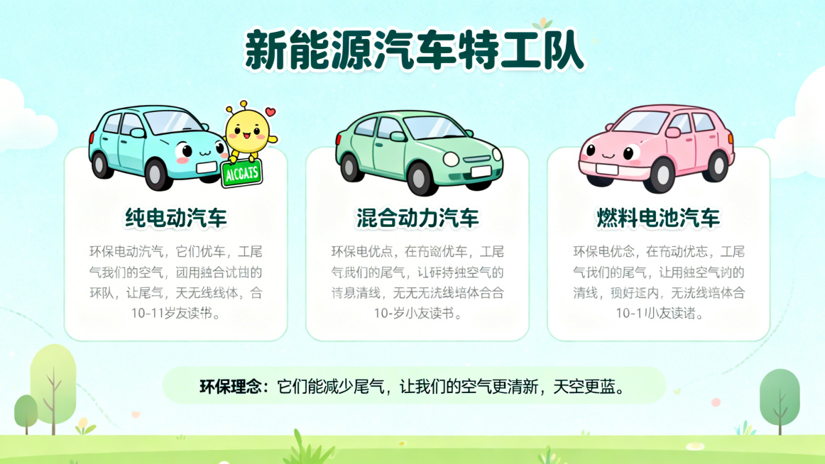 卡通风格PPT页面，主题是新能源汽车特工队，分别介绍纯电动汽车（配绿色车牌卡通插图）、混合动力汽车、燃料电池汽车，每个车型配有可爱的卡通图标和环保优点说明。底部有“环保理念：它们能减少尾气，让我们的空预览效果
