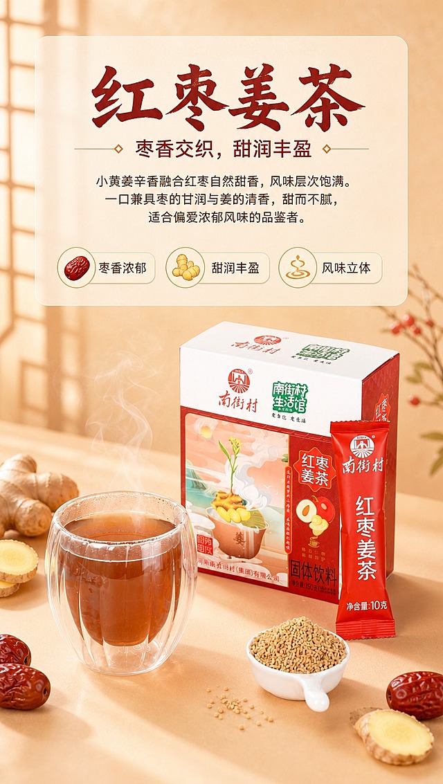 [商品] 使用【图2】南街村红枣姜茶产品组合图（含外盒、红色独立小袋、玻璃杯冲饮成品、白色小勺颗粒）；保留外盒包装结构、红色主色调、南街村Logo、红枣姜茶字样、插画图案、净含量文字；保留独立小袋红色包装与正面文字；保留玻璃杯双层造型与茶汤棕红色泽；保留白色小勺与颗粒形态；商品真实自然，不改变结构、颜色和比例。
[画面] 页面目标：红枣姜茶风味卖点详情页首屏，突出枣香交织、甜润丰盈的味觉感受；构图为上文下图，上方约35%区域为文案区，下方约65%区域为产品主体展示；产品占画面约55%，居中偏下摆放，外盒正面朝观众略侧45度，旁边立放独立小袋，前方放置冲好的玻璃杯与小勺颗粒；前景散落2-3颗红枣与姜片点缀，中景为产品主体，背景为暖米色渐变柔化背景，带轻微中式窗格光影与蒸汽升腾效果，营造温暖养生氛围；阅读动线从上至下，先看标题再看产品。
[视觉] 套系策略：风格=暖调中式养生商业摄影，温馨治愈氛围感；标题字=中式衬线粗体，带轻微书法笔触感；正文字=简洁现代无衬线体；主色=暖枣红+米杏色；背景延展=基于米杏色做深浅渐变、同色系层次与细腻纸张质感，局部叠加暖红光晕；强调色=姜黄色，仅用于小面积图标、引线和标签点缀；标题色=深枣红；正文色=暖棕灰；组件=圆角浅米色信息卡、细金线引线、红枣/姜片小图标；光影=左前侧暖柔光，产品边缘带柔和轮廓光，整体通透温暖。
[文字] 顶部居中主标题「红枣姜茶」，下方副标题「枣香交织，甜润丰盈」；副标题下方正文：小黄姜辛香融合红枣自然甜香，风味层次饱满。一口兼具枣的甘润与姜的清香，甜而不腻，适合偏爱浓郁风味的品鉴者。；底部横向排列3个特质标签：枣香浓郁、甜润丰盈、风味立体，每个标签配对应小图标；所有文字横向排版，字号保证手机端清晰可读，不遮挡产品主体与包装正面信息；文字区背景为半透明浅米色圆角卡片。
[规格] 图片比例9:16竖版，4K分辨率，淘宝/天猫详情页适配；负向提示：避免变形、错字、文字过小、冷蓝/冷灰背景、产品颜色改变、包装文字错乱、虚假功效宣传、极限词。