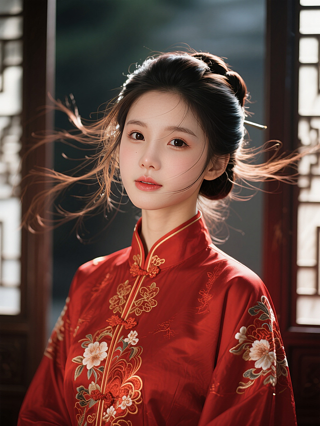 红衣刺绣，古典中式风，细腻光影，尽显传统韵味。