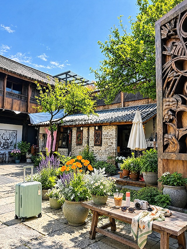 基于参考图修改，保持光影、墙面地面材质、主体建筑及整体结构完全不变，仅修改软装及增减物品，屋内小物都变化款式颜色。大理白族小院庭院，春天植被花草，房间通透。增加适配房间风格颜色的行李箱放在地面，桌子上放杯子，增加旅行小物如墨镜、防晒喷雾、相机、丝巾等。不要有地图和杂志，不要杂乱，自然一些，更像手机直拍出来的图片。不要出现编织物、草编包包地毯、草帽等，不要出现蜡烛。图片比例保持3:4，相似度40%。小红书爆款封面风格，配色清新好看。庭院场景，石板路，白族传统建筑，花草繁茂，行李箱放在地面合适位置，木桌上放饮品杯和旅行小物，去掉草编包等编织物品