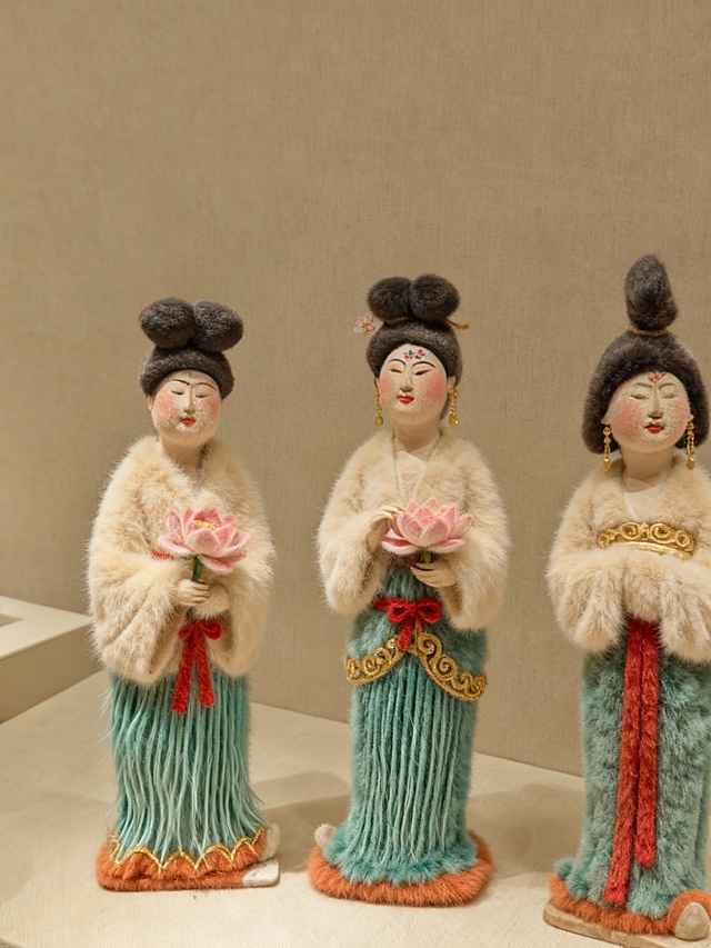以时空穿越为灵感来源，以唐代陶俑为载体，AI重构了古典女性的优雅神韵。质朴的陶土质感与岁月痕迹，被转化为柔软毛绒材质与细腻色彩，赋予传统形象以温暖的生命力，使唐代陶俑穿越到现代展示独特的魅力。