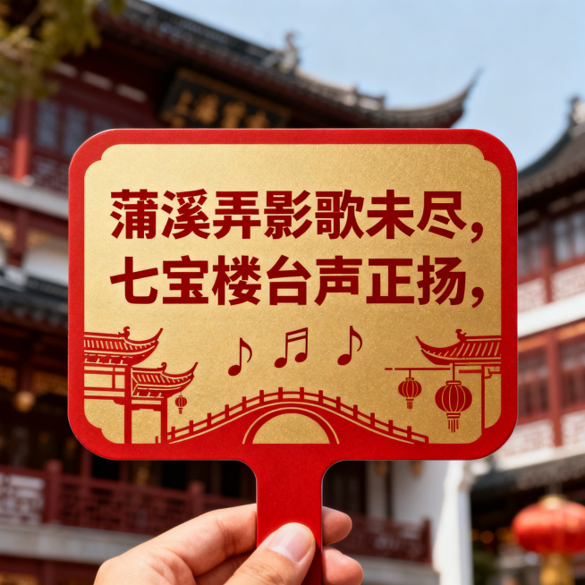设计歌唱比赛手举手持牌，国风简约风格，主体文字"蒲溪弄影歌未尽，七宝楼台声正扬"，搭配简约歌唱音符上海七宝古镇元素，色彩大气庄重醒目，适合手持拍照预览效果