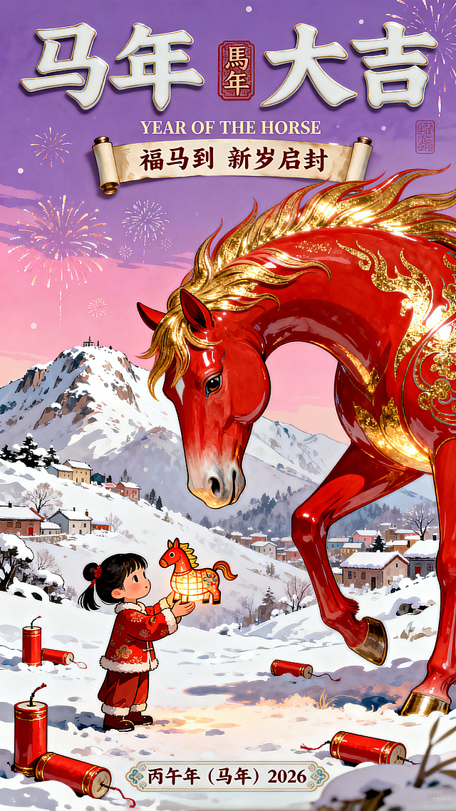 一匹巨大的红色神马（占据画面右侧大半部分，马身散发着神圣的金色光辉，马头低下、鬃毛飘逸）眼神温和地注视着左下角可爱的小女孩（春节喜庆的着装，双手虔诚地捧着一个小马造型的花灯递给马）。背景为积雪覆盖的冬日山顶和小镇，地面散落着若干红色的鞭炮筒，远处是梦幻的粉紫色渐变天空、烟花，动态感，互动感，极致的大小对比。顶部文案组合设计（极具设计感的艺术字大标题“马年 大吉”中间穿插英文“YEAR OF THE HORSE”，旁边装饰印章“馬年”，下面卷轴文本框的正文“福马到 新岁启封”），底部有设计感的小巧的装饰文案“丙午年（马年）2026"，潮流个性的排版