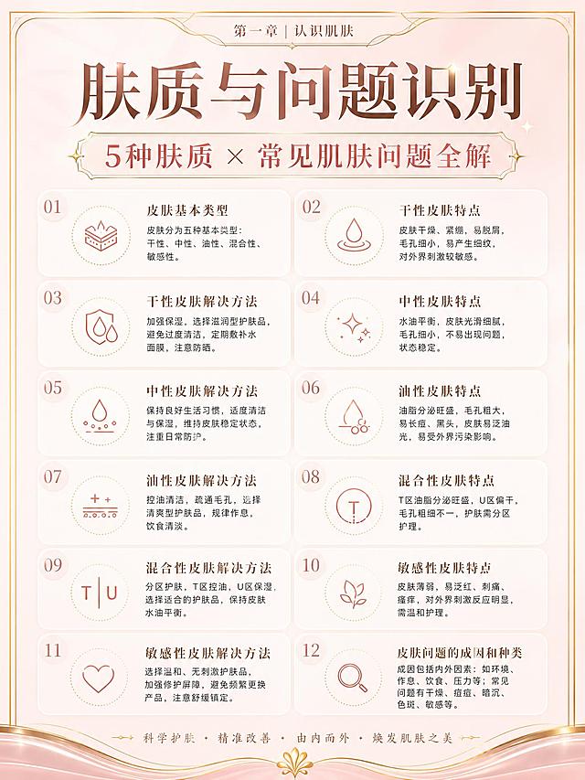 美业轻奢风小红书知识科普海报，裸粉色渐变背景，金色细线装饰边框，优雅精致风格，与第一章海报系列风格统一。画面顶部大标题文字："肤质与问题识别"，副标题："5种肤质 × 常见肌肤问题全解"，标题字号大且清晰。中部为12条知识点，分左右两栏卡片式布局，白色半透明圆角卡片，卡片内文字清晰可读：1.皮肤的基本类型有：干性、中性、油性、混合性、敏感性 2.干性皮肤：有紧绷感，眼颈易松弛，重点补水 3.中性皮肤：质感光滑，整体健康，基础补水保湿即可 4.油性皮肤：毛孔粗大，易长痘，重点控油清脂 5.混合性皮肤：T区油其他干，重点分区管理水油平衡 6.敏感性皮肤：角质层薄易红肿刺痒，重点修复屏障 7.皮肤出油原因：缺乏B族维生素、过食油腻 8.毛孔粗大类型：衰老型、角质型、缺水型、油光型 9.黑头类型：脂栓型、脂丝型、角栓型、毳毛型 10.黑头是油脂堆积+灰尘堵塞氧化形成 11.痘痘种类：闭口、丘疹、脓包、结节、囊肿 12.痘痘反复：油脂过多→毛孔堵塞→细菌繁殖→炎症。底部金色装饰线条。整体裸粉米白浅金配色，高级感，文字全部清晰可读，版式精美。画面比例3:4竖版。画面中所有信息区域必须填充完整合理的内容，不得出现空白框或占位。