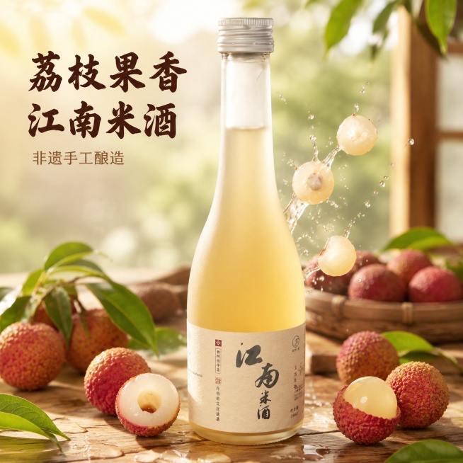 使用电商主图技能生成5张比例1:1的电商主图，适配平台为抖音，商品为「图片1」，商品卖点为荔枝米酒，预览效果