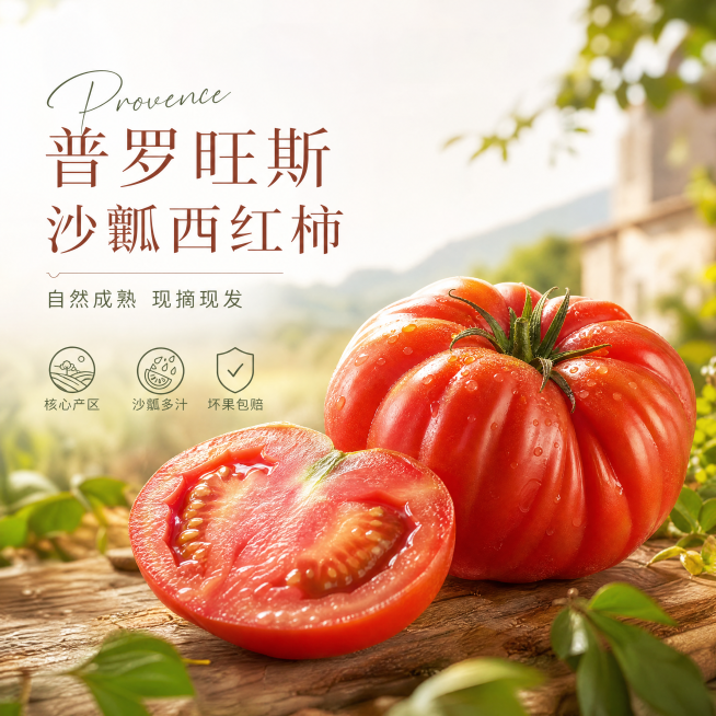 [单张主图] 普罗旺斯西红柿 高级氛围感主图 打造新鲜食欲的电商主图
[构图版式] 左文右物场景型
[画面主体] 完整的普罗旺斯西红柿居中偏右放大展示，同时搭配一半切开的西红柿展示沙瓤果肉，果实红润饱预览效果