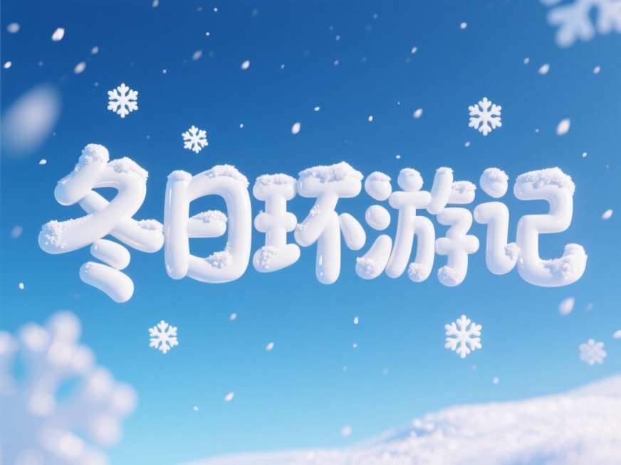 中央呈现白色积雪质感的 “冬日环游记” 立体可爱艺术字，点缀雪花元素，蓝色渐变天空为背景预览效果