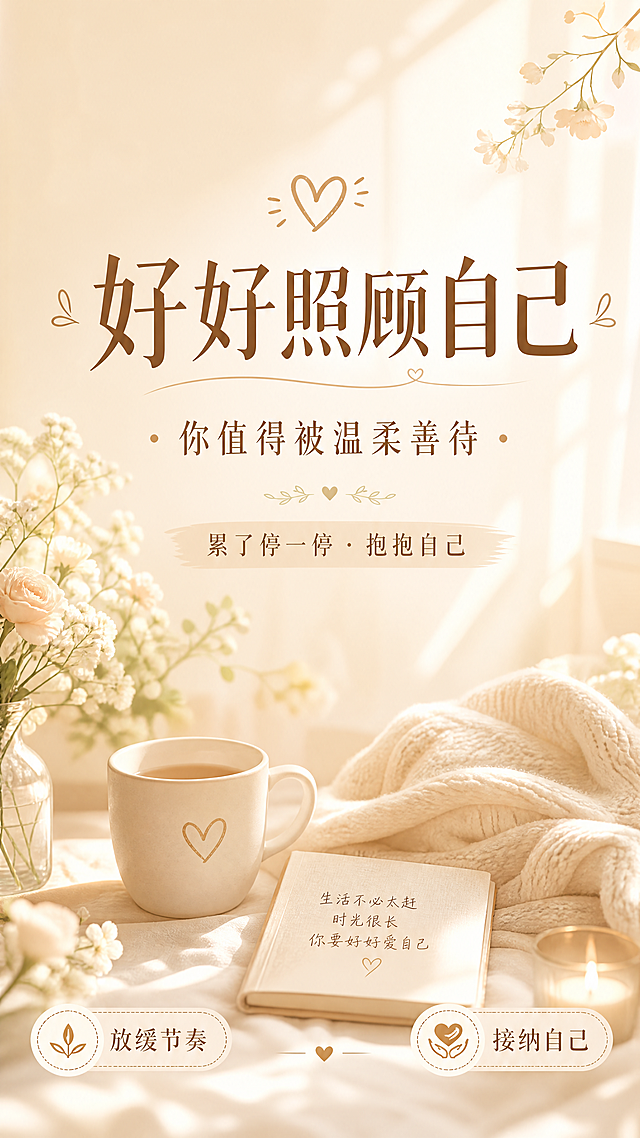 温暖治愈简约风格的自我关怀主题海报，设计精美，9:16竖版。整体风格柔和清新，暖米色低饱和度配色，背景是朦胧柔和的暖光氛围感场景，点缀少量温柔的花卉元素。居中主标题文字"好好照顾自己"，副标题文字"你值得被温柔善待"，下方装饰文字"累了停一停 · 抱抱自己"，左下角卖点标签"放缓节奏"，右下角卖点标签"接纳自己"。文字排版清晰，层级分明，留白充足，所有文字清晰可读不遮挡主体。整体氛围温暖治愈，传递自我关怀的宁静感。