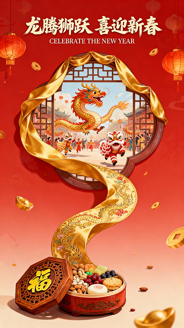 手绘插画风格。底部是一个小小的精美木质雕花点心盒，盒盖上有金色的 “福” 字，盒内装满各种坚果、糖果和传统糕点。从点心盒呈 S 形曲线向上延伸出一条金色刺绣绸缎，丝绸汇聚成顶部的大花窗，整个花窗边缘被金色绸缎覆盖，并继续向画面上方延伸。花窗的中间是热闹的舞龙舞狮表演场景，舞龙腾空、舞狮跳跃，浓郁的新年氛围。画面上方毛笔大字主标 “龙腾狮跃 喜迎新春”“CELEBRATE THE NEW YEAR”。红色渐变背景，点缀灯笼、元宝元素。