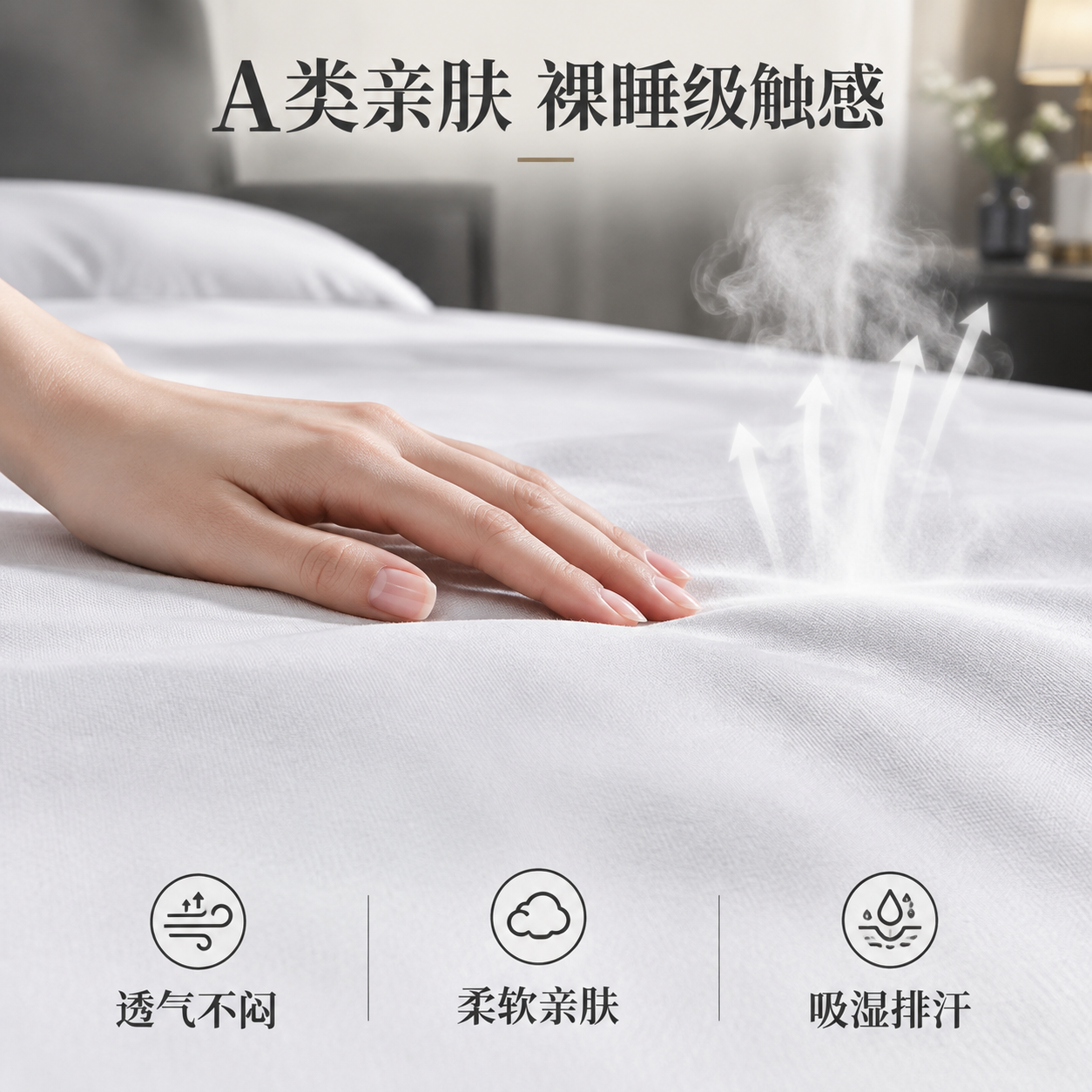 [主图-2] 床笠亲肤透气功能展示图，强调裸睡级亲肤与透气性能… - 图片创意预览