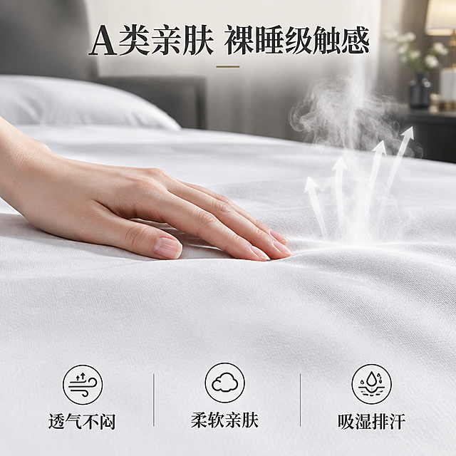 [主图-2] 床笠亲肤透气功能展示图，强调裸睡级亲肤与透气性能。
[统一基调] 简约高级酒店风，深灰与白色为主色调，暖调自然光，衬线体标题，整体干净稳重有品质感，符合1688批发B端源头感。
[画面] 近景特写床笠表面，一只女性的手轻轻抚摸床笠面料，手背轻贴布面，体现亲肤触感。床笠面料纹理清晰可见，织物质地细腻。画面右侧有蒸汽穿透面料的可视化效果，展示透气性能。背景为模糊的卧室环境，浅景深突出面料与手部互动。
[光影质感] 柔和侧光，突出织物纹理的立体感，手部皮肤质感真实，蒸汽效果轻盈通透，整体光影温暖柔和。
[配色] 主色白色+浅灰色，点缀肤色，背景暖灰调朦胧感。
[文字版式] 顶部居中主标题：A类亲肤 裸睡级触感；底部三列图标+文字：左列 透气不闷 中列 柔软亲肤 右列 吸湿排汗。文字使用深灰色衬线字体，主标题加粗，说明文字小号清晰，三列均匀分布在底部区域。
[输出要求] 1:1正方形，2K高清，面料纹理清晰，手部自然无畸形，文字清晰可读，无水印无平台logo，画面干净。