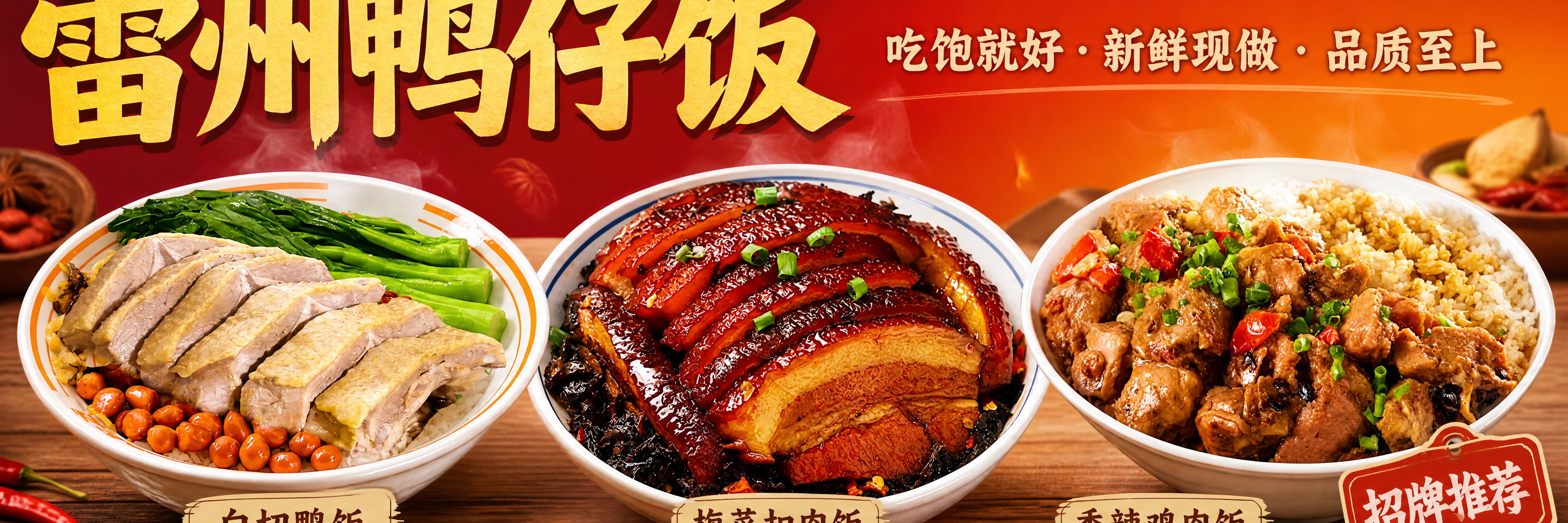 外卖店铺横幅海报设计，超宽横版构图。画面从左到右横向陈列三款美… - 图片创意预览