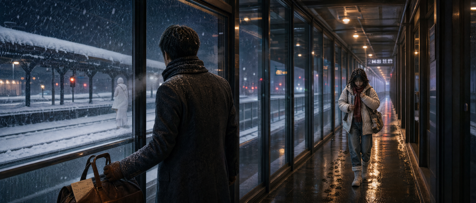 A cinematic ultra-wide wallpaper, 21:9 ratio, snow night at modern high-speed rail station glass cor预览效果