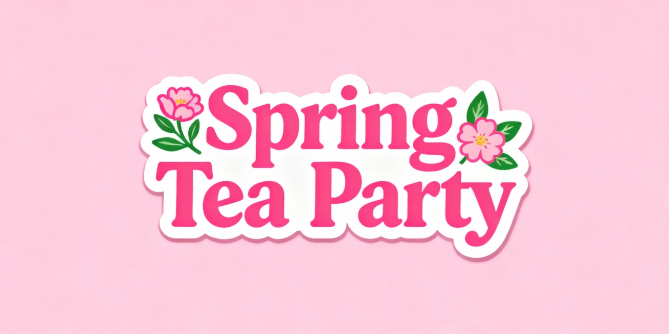 生成一张美式春日Spring Tea Party标题贴纸粉红色预览效果