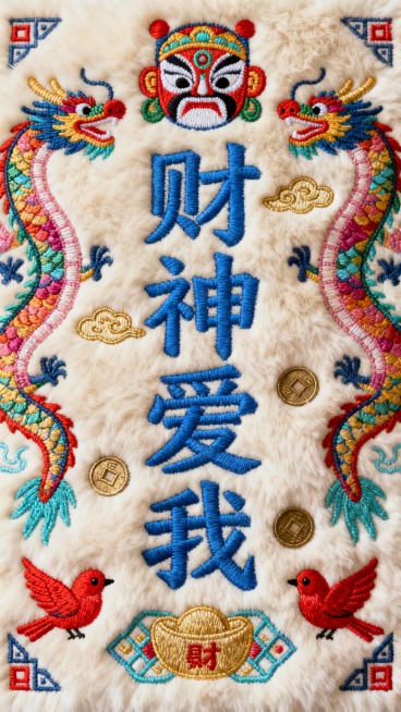 浅米白色毛绒质感背景，中央为彩色刺绣风格的“财神爱我”四个蓝色大字，字体为方正有力的书法体，周围环绕传统吉祥图案刺绣：左右两侧各有一条彩色龙纹，上方有财神脸谱纹样，下方有对称的招财进宝图案，四角装饰红色小鸟和几何花纹，整体构图对称饱满，色彩鲜艳明快，充满喜庆发财氛围，刺绣线条精致，毛绒质感柔软蓬松，文字周围点缀金色祥云和铜钱刺绣元素。预览效果