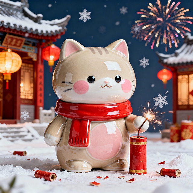 温馨治愈写实风，软萌猫咪玩偶与中式古建、烟花鞭炮等新年元素结合，暖萌喜庆，营造冬日新年氛围