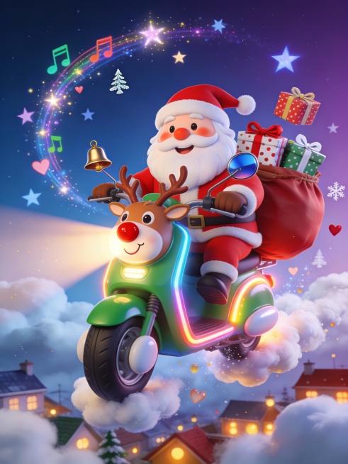 海报主标题： 圣诞闪电送 海报副标题： 快乐，使命必达！ 整体画面与构图： 画面采用夸张有趣的鱼眼镜头视角，营造出充满弹性和张力的动态场景。画面中央，一位身材圆润、笑容可掬的卡通版圣诞老人，正骑着一辆预览效果