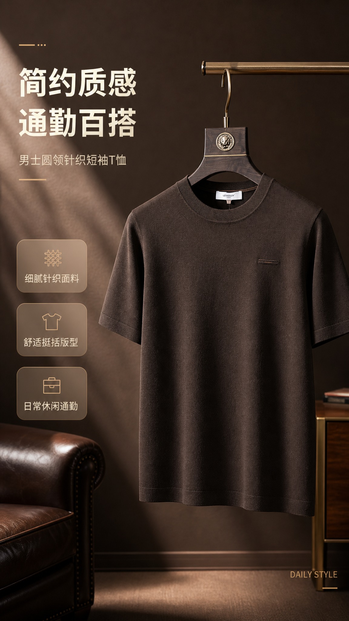 [商品] 使用【图1】深咖色男士圆领针织短袖T恤；商品处理：保… - 图片创意预览
