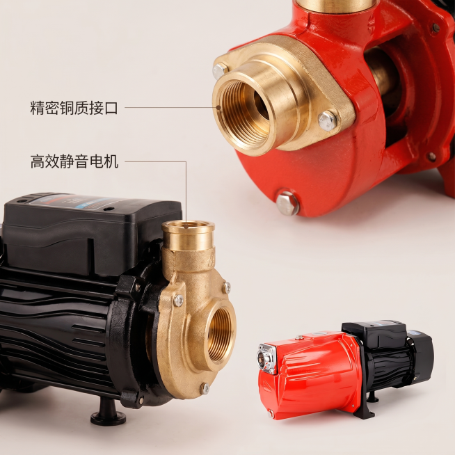 [主图 4] 自吸增压喷射泵产品核心细节特写图
[氛围风格] 温馨舒适家居治愈风；
[画质] 商业摄影质感、光线柔和通透、产品清晰真实、画面干净高级。
[元素] 特写展示自吸增压喷射泵的接口和电机核心预览效果
