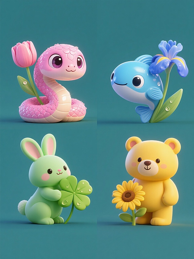 一系列四个不同元素的3D卡通风格生物插画，保持高清渲染、光滑渐变材质、柔和高光和细致鳞片状纹理的统一风格，每个生物搭配对应主题的花朵，分别为：1. 粉色系蛇形生物缠绕粉色郁金香，2. 蓝色系鱼形生物环绕蓝色鸢尾花，3. 绿色系兔形生物依偎绿色四叶草，4. 黄色系熊形生物脚踩黄色向日葵，所有元素置于纯色背景上，整体呈2x2网格规整排布，每个生物都具有水汪汪的大眼睛、闪亮的身体和可爱的表情，花朵带有露珠细节，保持相同的光影效果和构图比例。