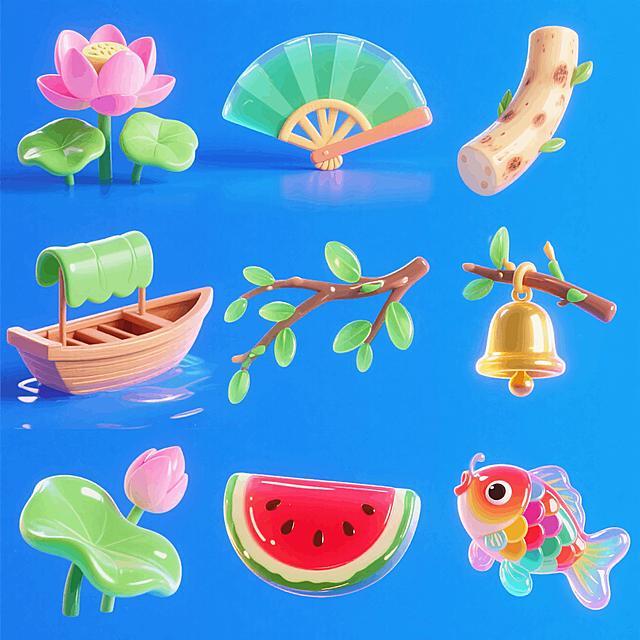 9个Q版图标（元素独立区域）：荷花、荷叶、轻舟、折扇、莲藕、柳枝条、一块西瓜、风铃、鲤鱼，宝蓝色背景