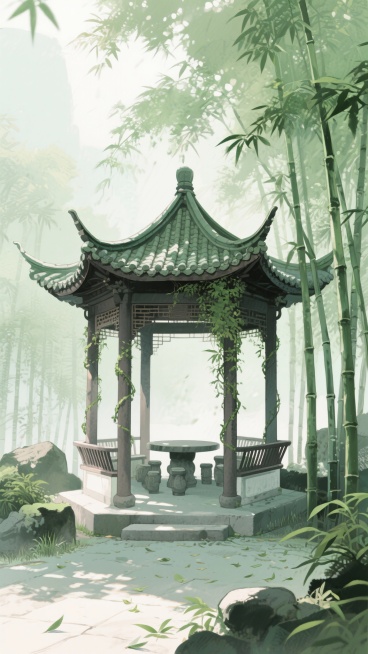 古风，绿色，亭子，不要人，二次元，细节丰富，生成4张预览效果