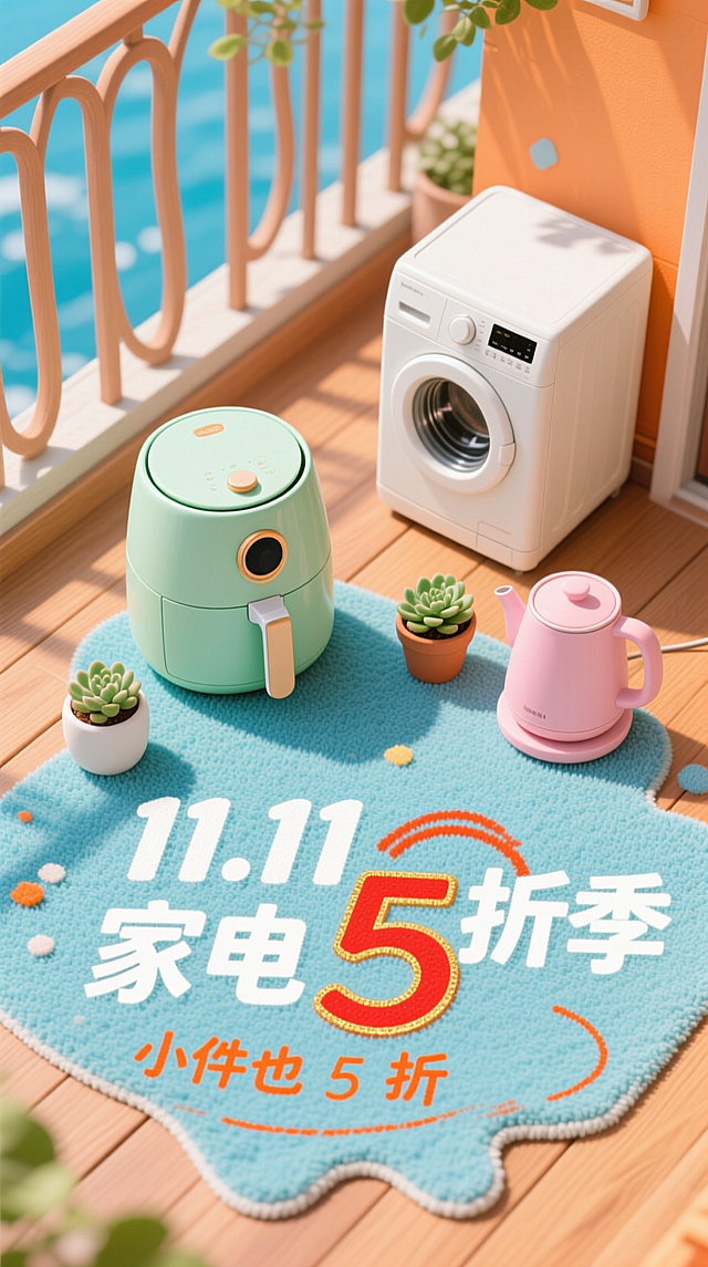 画面为俯视视角，浅棕阳台木纹地面铺浅蓝小地毯，上面散放小型电器 —— 浅绿空气炸锅、奶白迷你洗衣机、浅粉养生壶，旁摆 2 盆小多肉。底部地毯印白色艺术字 “11.11 家电5折季”，手写风小字 “小件也 5 折” 用橙色彩笔字，数字 “5” 红圈 + 描金边。暖橙 + 浅蓝配色，电器圆润可爱，显温馨感。