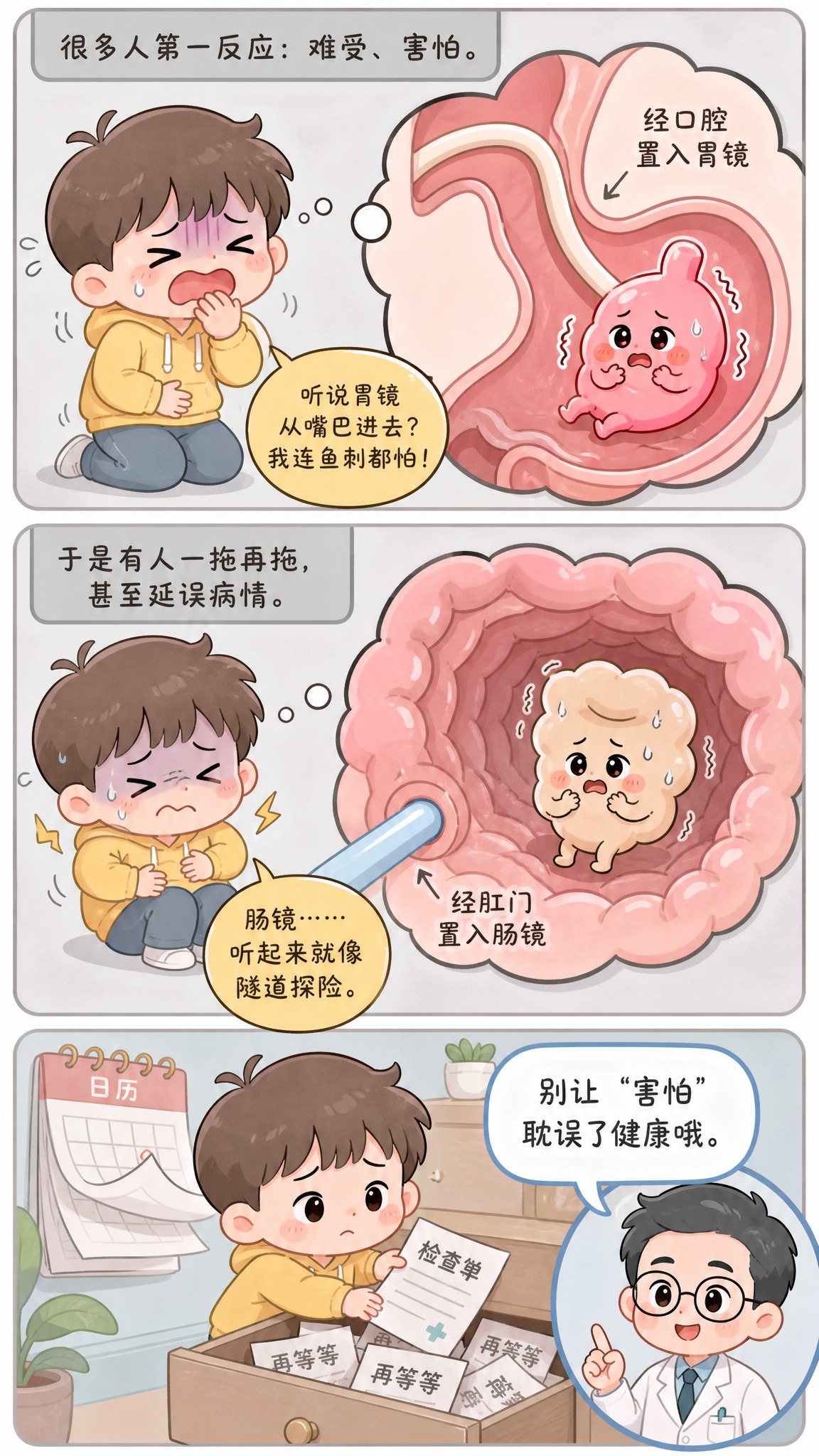 条漫P2《那些年我们怕过的胃肠镜》，三格竖排漫画，马卡龙低饱和… - 图片创意预览
