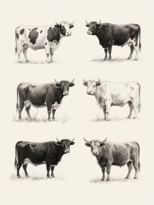 六个不同配色、不同样式、不同材质的牛造型，采用黑白手绘素描风格，线条流畅细腻，带有铅笔笔触质感，牛的姿态自然生动，站立于简约草丛背景中，整体构图上下两行对齐排列，浅色背景衬托，突出牛的主体形象，风格统一且细节丰富，展现出手绘艺术的独特韵味。预览效果