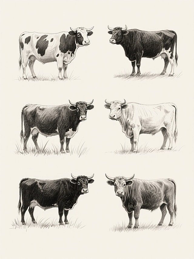 六个不同配色、不同样式、不同材质的牛造型，采用黑白手绘素描风格，线条流畅细腻，带有铅笔笔触质感，牛的姿态自然生动，站立于简约草丛背景中，整体构图上下两行对齐排列，浅色背景衬托，突出牛的主体形象，风格统一且细节丰富，展现出手绘艺术的独特韵味。