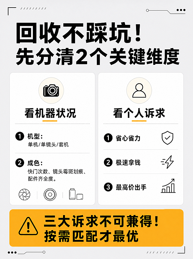 小红书笔记内页图文，极简数码风，版式精美，信息层级清晰，适合竖屏阅读。核心标题逐字锁定：「回收不踩坑！先分清2个关键维度」。画面左右分栏极简逻辑示意图，白色卡片分区。左侧卡片标题「看机器状况」，内容：1.机型：单机/单镜头/套机 2.成色：快门次数、镜头霉斑划痕、配件齐全度。右侧卡片标题「看个人诉求」，内容：1.省心省力 2.极速拿钱 3.最高价出手。底部高亮重点橙黄色块底：「三大诉求不可兼得！按需匹配才最优」。背景：浅冷灰色纯色底。文字样式：黑色主文案，扁平粗黑体无花字，标题加粗，重点橙黄色高亮。装饰：细线条分区，简约几何图标点缀。整体氛围：专业干货、极简数码、清爽高级。画质：高清细腻，文字完整处于安全区内不可裁切，四周留安全边距。画面比例 3:4，4K。