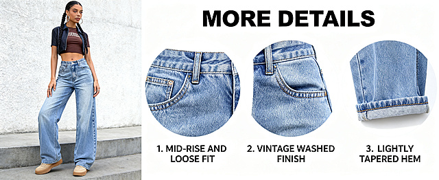 [第3屏] 本屏功能定义：More Details of Premium Light Blue Baggy Jeans, feature highlight page. 浅蓝色高腰阔腿牛仔裤细节卖点展示，亚马逊A+详情页第三屏细节说明。
[氛围/风格] 简约信息展示风，真实产品细节摄影，排版参考图8第三屏，保持整体风格一致。
[元素布局] 参考参考图8第三屏布局：左侧展示完整穿搭效果，右侧分三个圆形区域展示关键设计细节，分别展示后腰设计、口袋细节、裤脚收边，使用用户图2、图3作为细节参考，保持牛仔裤所有细节、颜色、材质与用户输入产品图一致。左侧占据45%画面，右侧圆形区域均匀分布，背景为浅灰渐变，突出细节卖点。
[光影质感] 左侧整体均匀打光，右侧圆形区域特写光线聚焦，突出牛仔面料纹理和工艺细节，阴影柔和，整体明暗清晰干净。
[配色色系] 全局底色：#f5f5f5（浅灰）；主体配色：浅蓝色牛仔裤 + 浅背景；辅助色：#222222（文字深灰），圆形浅白底衬托细节。
[视角构图] 横向宽屏，左右分构图，左图右细节信息，符合亚马逊高级A+电脑端浏览比例，主体总占比约70%，留白合理。
[文字版式] 顶部大标题 "MORE DETAILS"，下方三个圆形细节分别配文字：
1. Mid-Rise and Loose Fit
2. Vintage Washed Finish
3. Slightly Tapered Hem
所有文字首字母大写，字体清晰不遮挡产品，排版对齐参考图8。
[比例分辨率] 比例符合亚马逊高级A+（电脑端）61:25，4K分辨率，所有英文文字清晰可辨，超高清。
[负向提示词] 牛仔裤版型变形，颜色偏差，文字错乱，结构错误，细节缺失，圆形变形，水印，多余装饰，背景杂乱，中文字符。