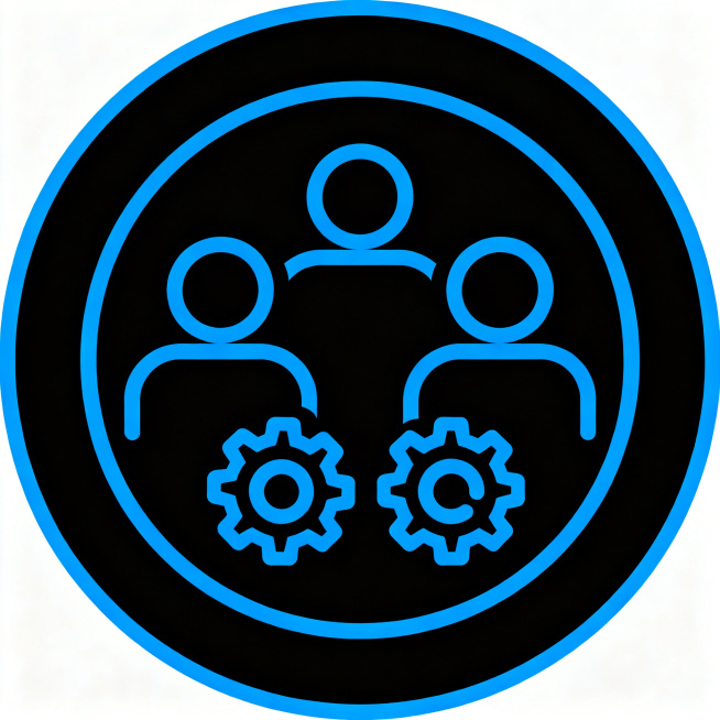 设计一个蓝色线性图标，主题为管理团队，风格为简约蓝色线性图标，外框为蓝色圆形边框，内部使用蓝色线条绘制相关符号，和参考图https://0.jpg保持一致的蓝色扁平线性图标风格预览效果