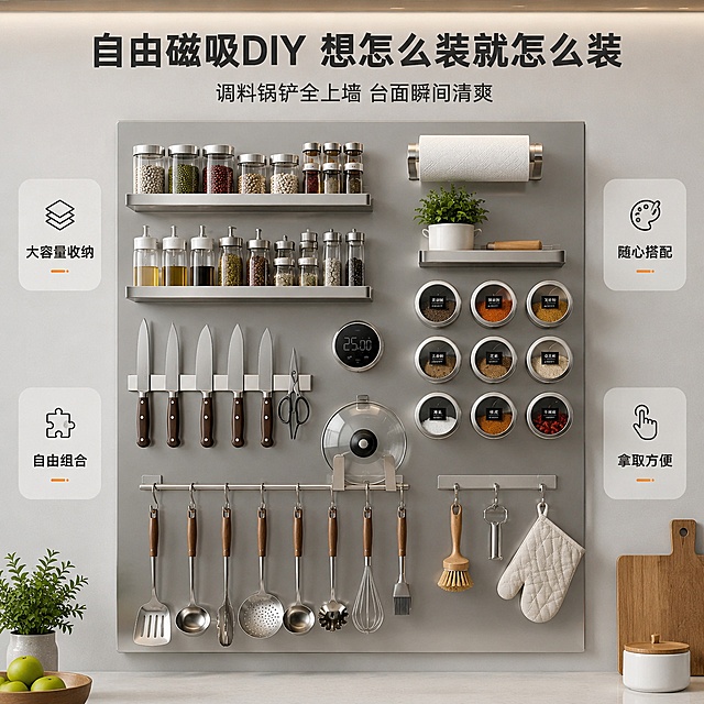 [主图-2] 不锈钢磁吸厨房收纳板自由DIY组合与大容量收纳展示。
[氛围风格] 现代简约，秩序井然，高效收纳感。
[画质] 商业摄影质感、光线均匀明亮、产品清晰真实、细节丰富。
[元素] 厨房墙面不锈钢磁吸收纳板正面展示，银灰色金属质感，板面平整。板面上满满当当磁吸着各种收纳配件，展示超强收纳能力和自由DIY组合：左上双层磁吸置物架摆满调料瓶罐和干货收纳盒，左中磁吸刀架插满刀具带剪刀，左下磁吸挂钩排挂着锅铲汤勺打蛋器刷子；中间区域磁吸锅盖架立着玻璃锅盖，旁边磁吸计时器；右侧磁吸调料罐矩阵整齐排列三行三列，上方还有磁吸纸巾架和磁吸置物小平台。配件布局错落有致，分类清晰，展示可以自由组合DIY的灵活性。保持不锈钢磁吸收纳板外观与输入产品图一致，杜绝变形和色差。收纳板占画面约75%，背景为浅灰色厨房墙面，下方露出部分台面。
[光影] 正面柔光为主，顶部橱柜灯带补光，金属表面有均匀柔和的反光，每个收纳物品都有清晰轮廓和自然阴影，整体明亮通透。
[配色] 主色银灰金属色；辅色木色、白色调料瓶、绿色香料点缀；文字用深灰与橙色强调。
[视角构图] 正面平视，收纳板居中满铺，收纳配件丰富但有序，视觉焦点在中间区域。
[文字版式] 顶部居中大标题"自由磁吸DIY 想怎么装就怎么装"，深灰色粗体无衬线最大号，标题下方小字副标题"调料锅铲全上墙 台面瞬间清爽"。画面左右两侧各有两个圆角信息卡，左侧上卡"大容量收纳"配堆叠图标，左侧下卡"自由组合"配拼图图标；右侧上卡"随心搭配"配调色板图标，右侧下卡"拿取方便"配手指图标。信息卡为浅灰色底深灰字，圆角设计，不遮挡主体产品。
[输出要求] 1:1比例，2048x2048，文字清晰锐利，超高清商业摄影质感。
[负向提示词] 变形，文字错乱，产品图模糊，背景杂乱，水印，电商平台Logo，多余的手，畸形手。