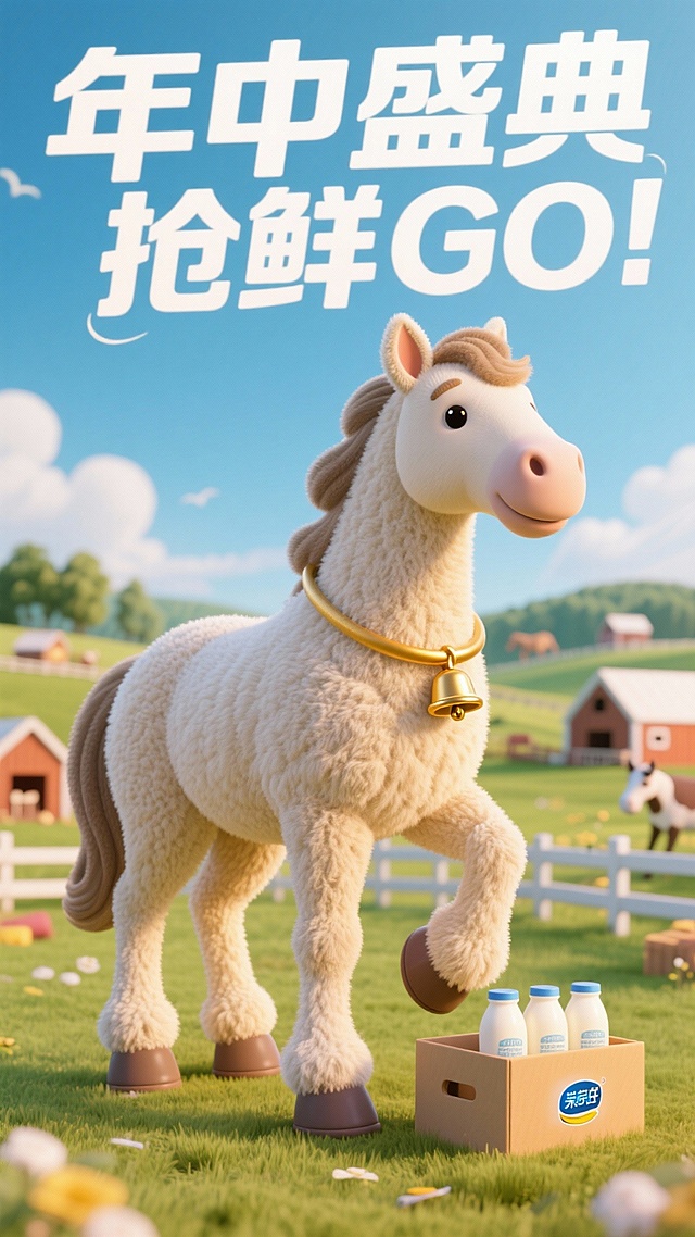 一头拟人化直立的俊马，它是一名画画工。圆润可爱造型，佩戴金色铃铛项圈，蹄子轻扶一箱马奶产品。背后巨大的文字“年中盛典 抢鲜GO”，背景是牧场，上面的字要高清