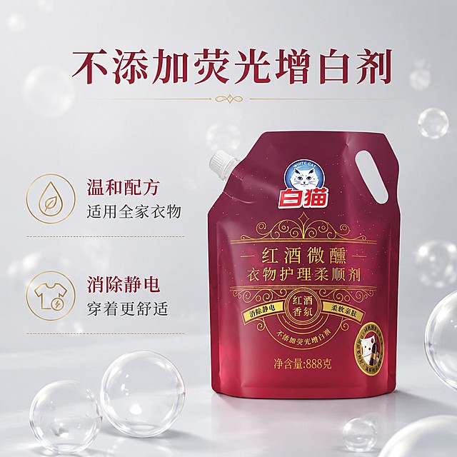 使用电商主图技能生成5张比例1:1的电商主图，适配平台为京东，商品为「图片1」，商品卖点为白猫红酒微醺衣物护理柔顺剂888克，不要出现其他产品辅助，不要出现第二件半件字眼，需看起来高端，需要一张带边框的主图，2张简绍图，2张详情图
