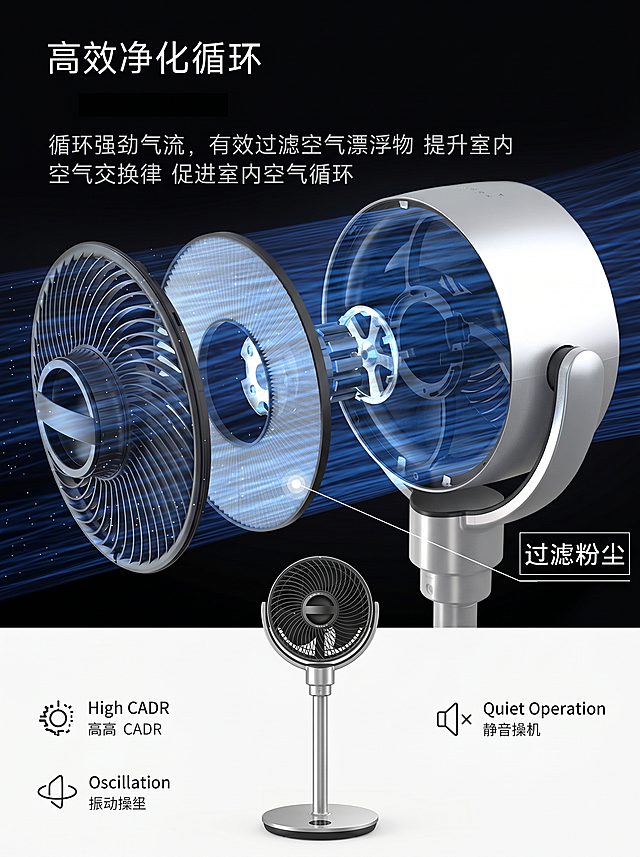 将图片调整尺寸为750*1000px的电商主图，保留原图全部内容和文字信息，黑色背景展示产品内部结构，高效净化循环功能介绍