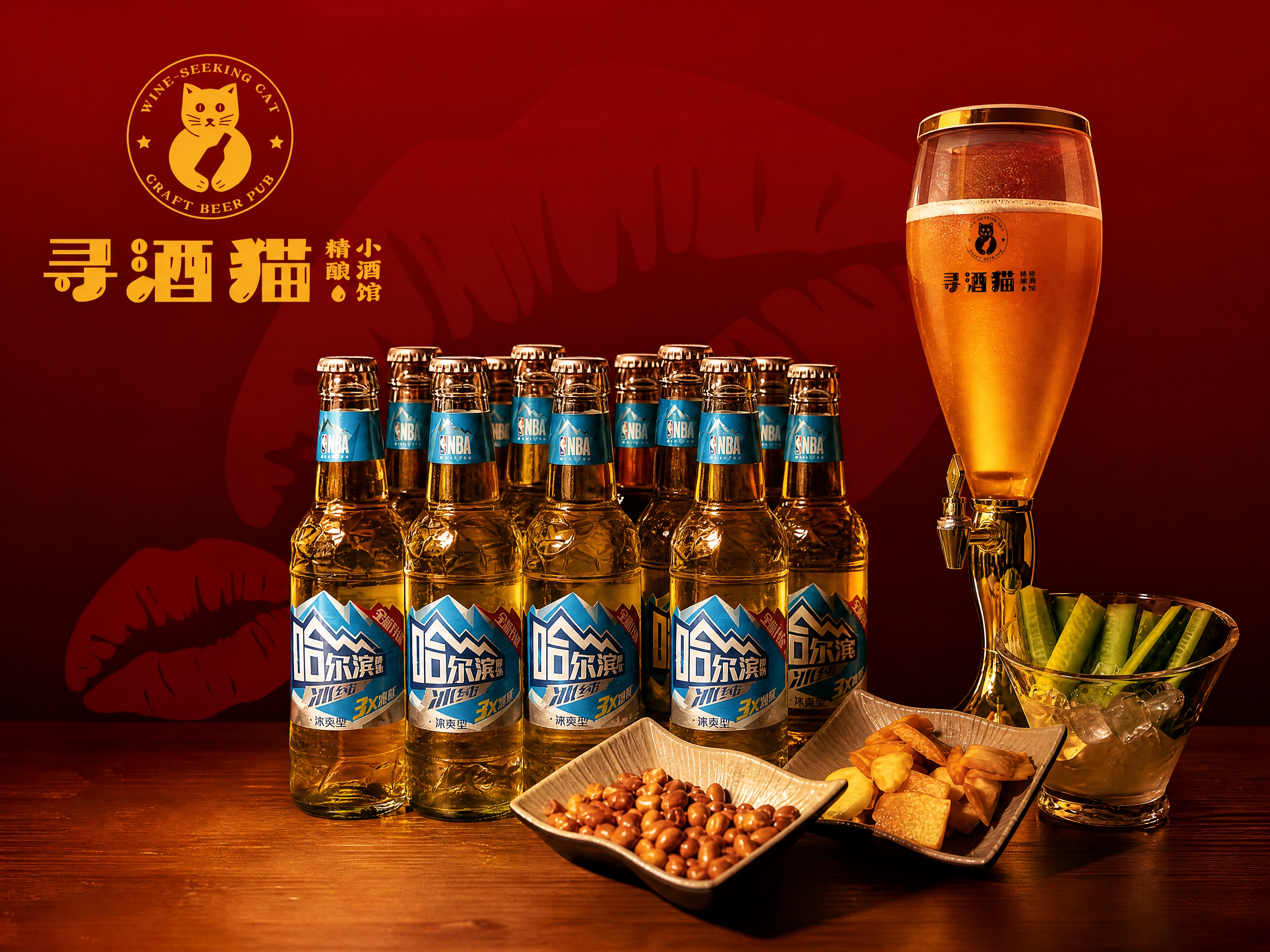 将主图中的哈尔滨啤酒瓶、金色酒塔、寻酒猫品牌LOGO，以参考图… - 图片创意预览