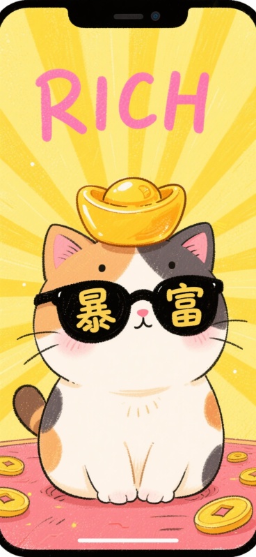 Q版卡通手绘风格手机壁纸，一只三花猫，圆滚滚的身体，大大的眼睛，戴着黑色墨镜，墨镜上写着“暴富”两个字，头顶顶着一个金色元宝，背景是黄色放射状光芒，上方有粉色手写体“RICH”字样，整体色彩明亮鲜艳，预览效果