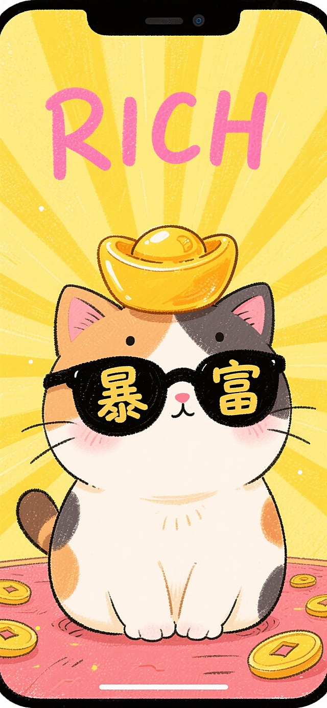 Q版卡通手绘风格手机壁纸，一只三花猫，圆滚滚的身体，大大的眼睛，戴着黑色墨镜，墨镜上写着“暴富”两个字，头顶顶着一个金色元宝，背景是黄色放射状光芒，上方有粉色手写体“RICH”字样，整体色彩明亮鲜艳，笔触带有手绘颗粒感，俏皮招财的氛围