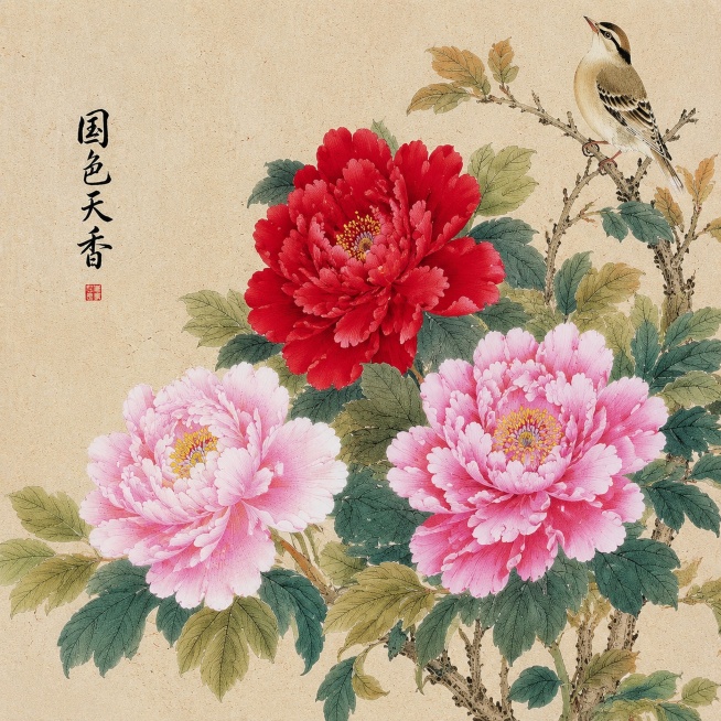 改变牡丹构图，与原图有明显区别，保留原图核心特征：仿古宣纸工笔国画、三朵红粉重瓣牡丹、青绿渐变花叶、传统中式富贵花鸟题材预览效果