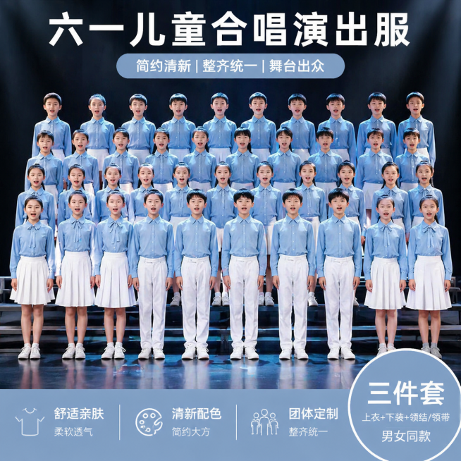 淘宝车图，六一儿童大合照，中小学生诗朗诵团体合唱演出服，统一浅蓝色衬衫搭配白色下装，舞台阶梯站位，全体儿童整齐排列，简约吸睛排版，突出整体服装效果，方形主图构图预览效果