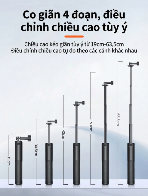 将图中的所有中文文字替换为对应越南语，大标题是"Co giãn 4 đoạn, điều chỉnh chiều cao tùy ý"，副标题第一行是"Chiều cao kéo giãn tùy ý预览效果