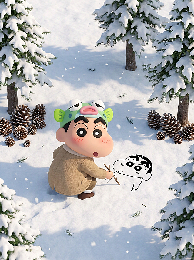 画面主视觉是图示人物蹲在雪地上用树枝画自画像（画像为日漫风，无色彩），并与自画像合影，，穿浅棕毛呢外套。周围落松针、飘雪花，树下堆松果。